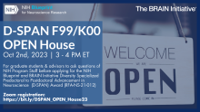 D-SPAN F99/K00  OPEN House Oct 2nd, 2023 | 3 - 4 PM ET  For graduate students & advisors to ask questions of NIH Program Staff before applying for the NIH Blueprint and BRAIN Initiative Diversity Specialized Predoctoral to Postdoctoral Advancement in Neuroscience  (D-SPAN) Award (RFA-NS-21-012)  Zoom registration: https://bit.ly/DSPAN_OPEN_House23