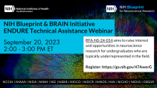 NIH Blueprint and BRAIN Initiative ENDURE Technical Assistance Webinar September 20, 2023, 2:00-3:00 PM ET; RFA-NS-24-014 aims to raise interest and opportunities in neuroscience research for undergraduates who are typically underrepresented in the field.  Register: https://go.nih.gov/47AwerG; NCCIH | NIAAA | NIDA | NIMH | NEI | NIBIB | NIDCD | NIDCR | NINDS | NIA | NICHD | NIEHS | OBSSR